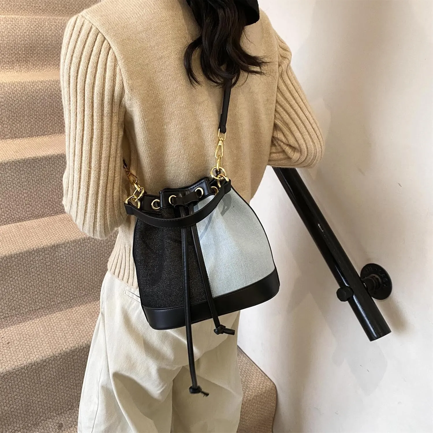 Denim Bucket Bag for Women Handbag Trendy Jean Purse Drawstring Crossbody Shoulder Bag