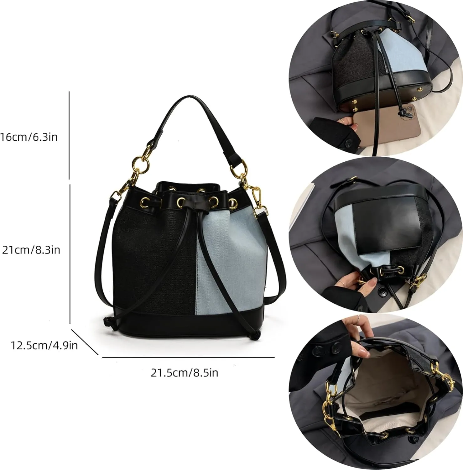 Denim Bucket Bag for Women Handbag Trendy Jean Purse Drawstring Crossbody Shoulder Bag