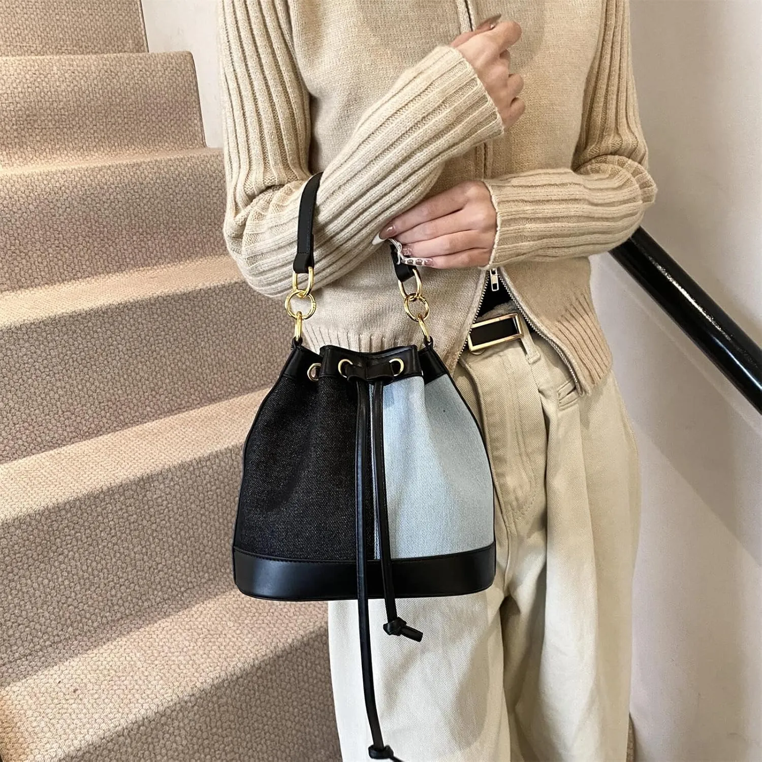 Denim Bucket Bag for Women Handbag Trendy Jean Purse Drawstring Crossbody Shoulder Bag