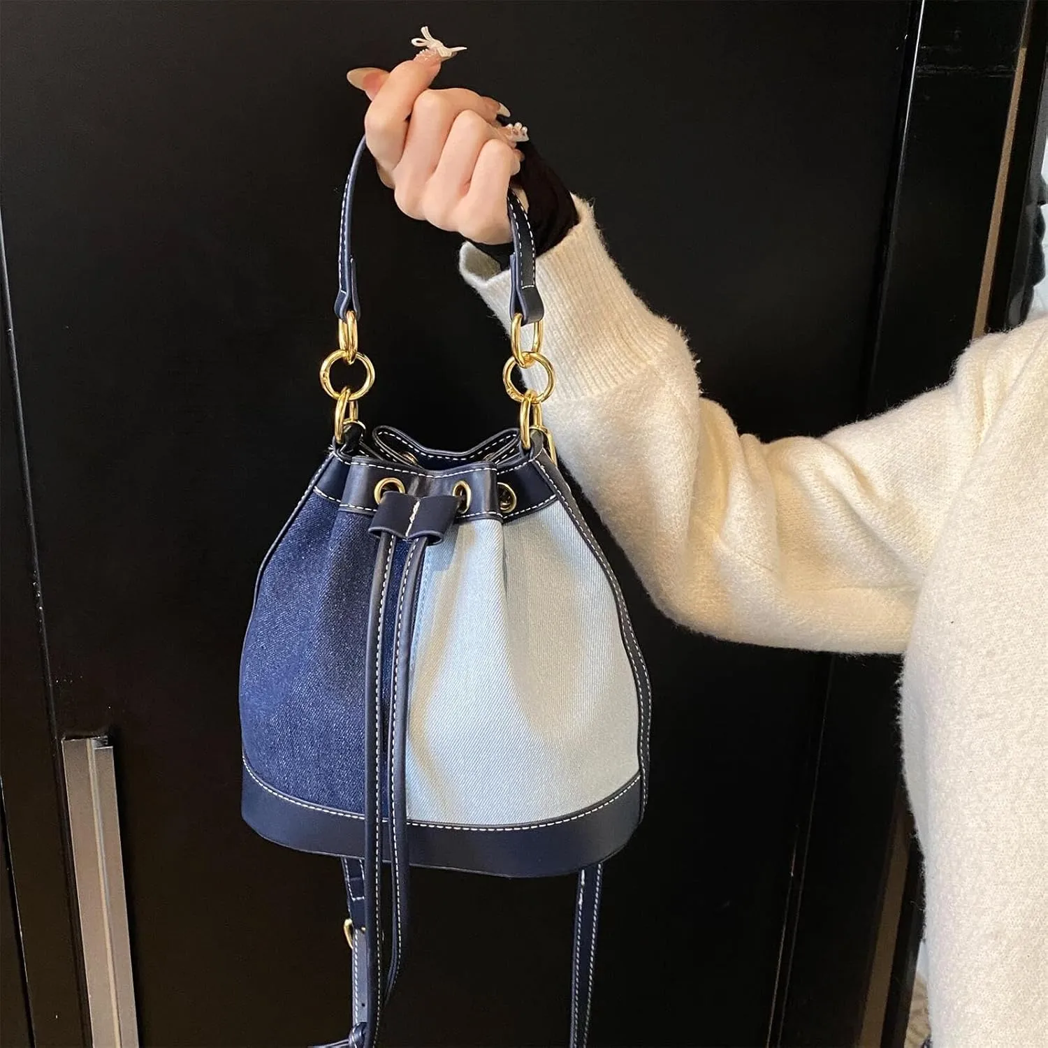 Denim Bucket Bag for Women Handbag Trendy Jean Purse Drawstring Crossbody Shoulder Bag