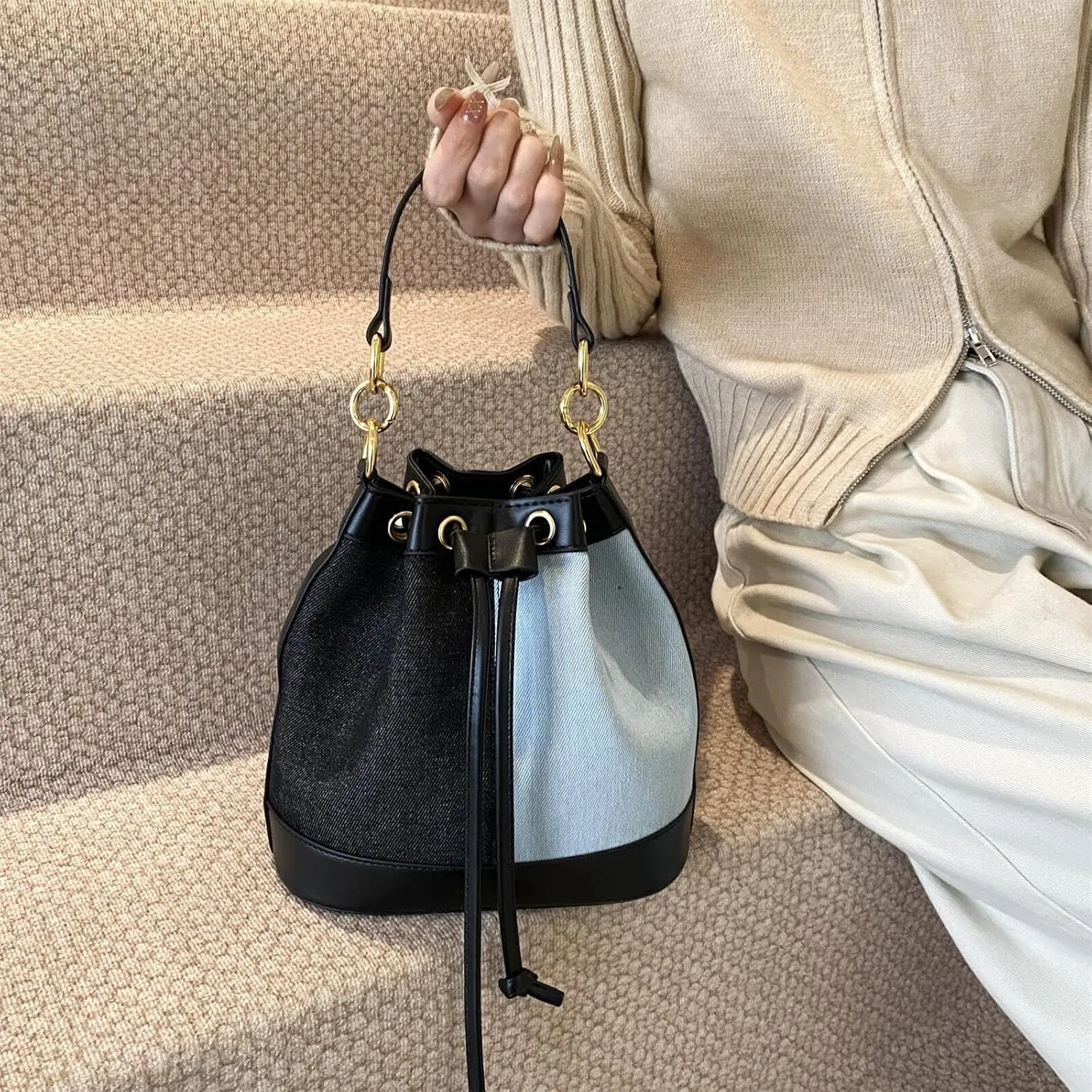 Denim Bucket Bag for Women Handbag Trendy Jean Purse Drawstring Crossbody Shoulder Bag