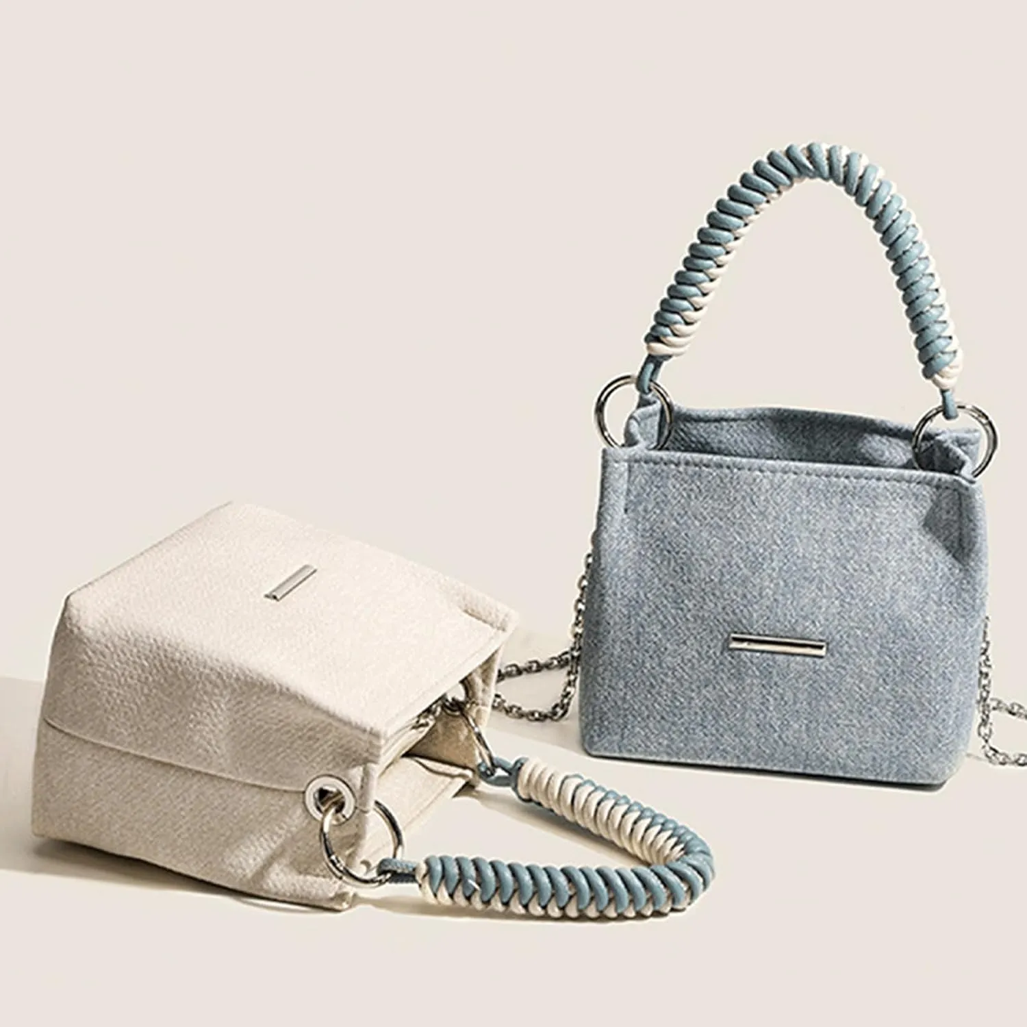 Denim Bucket Bag with Rope Handle Small Chain Strap Compact Cute Y2K Jean Vintage Retro Handbag