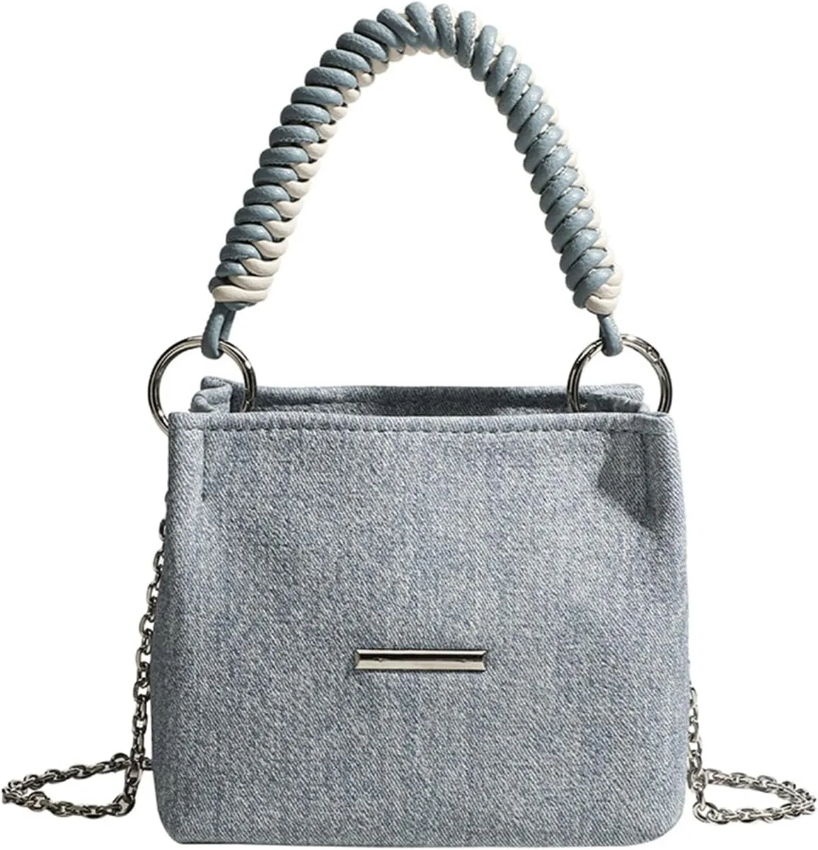 Denim Bucket Bag with Rope Handle Small Chain Strap Compact Cute Y2K Jean Vintage Retro Handbag