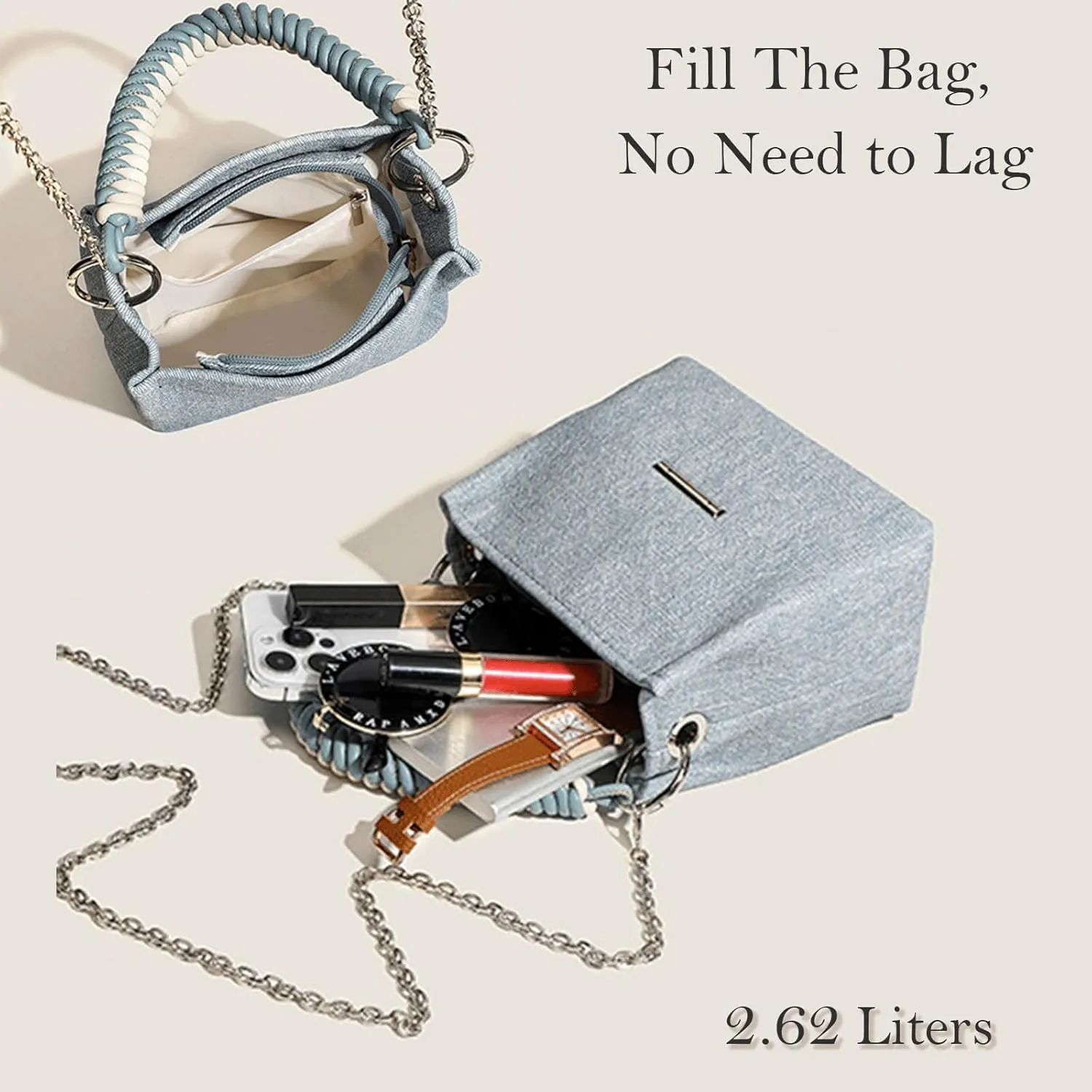 Denim Bucket Bag with Rope Handle Small Chain Strap Compact Cute Y2K Jean Vintage Retro Handbag