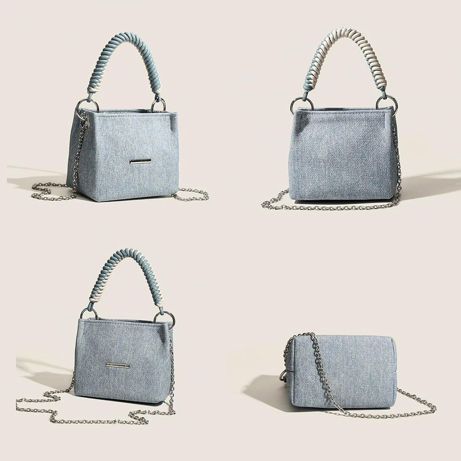 Denim Bucket Bag with Rope Handle Small Chain Strap Compact Cute Y2K Jean Vintage Retro Handbag