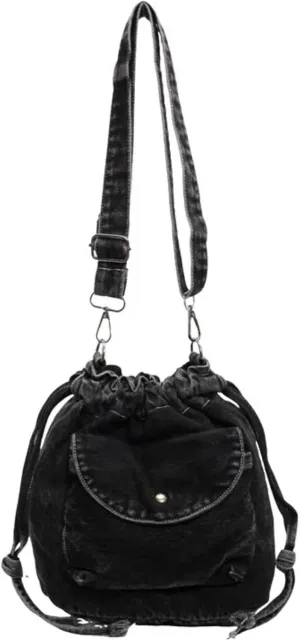 Denim Crossbody Bag Small Drawstring Phone Bag Casual Bucket Purse Shoulder Messenger Bag
