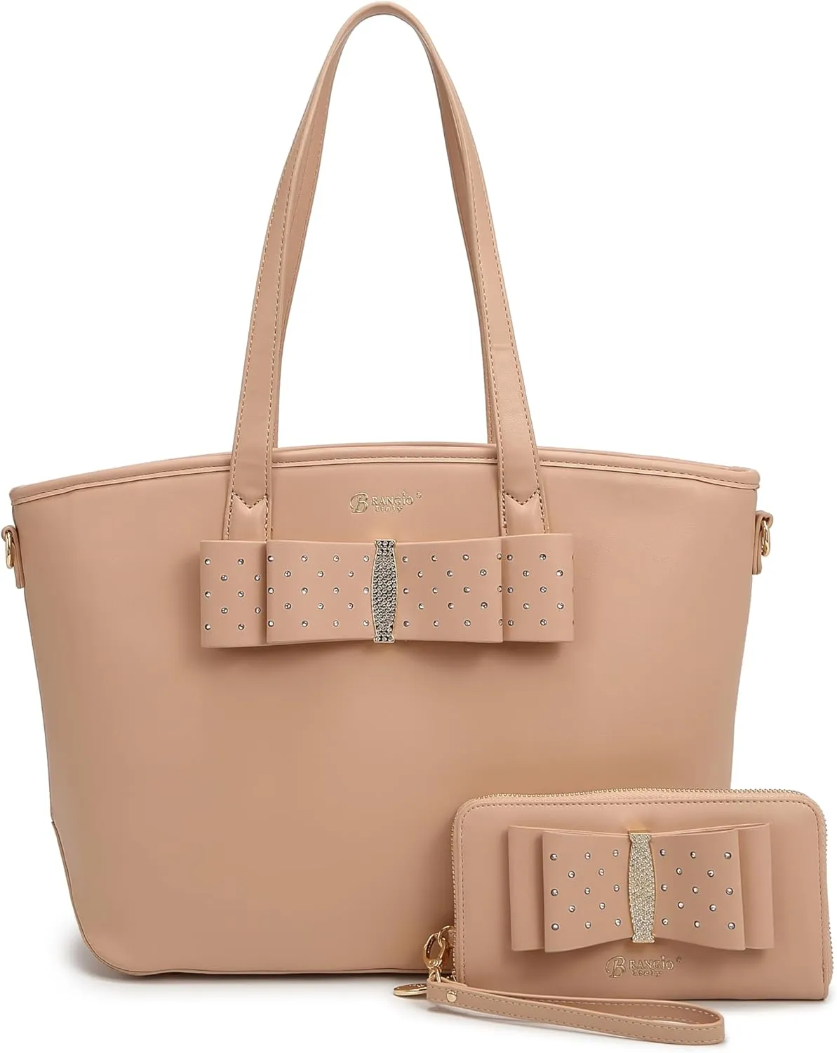 Designer Ribbon Romance Tote Handbag with Rhinestones Bling Top Handle Satchel and Wallet Set for Women with Shoulder Strap