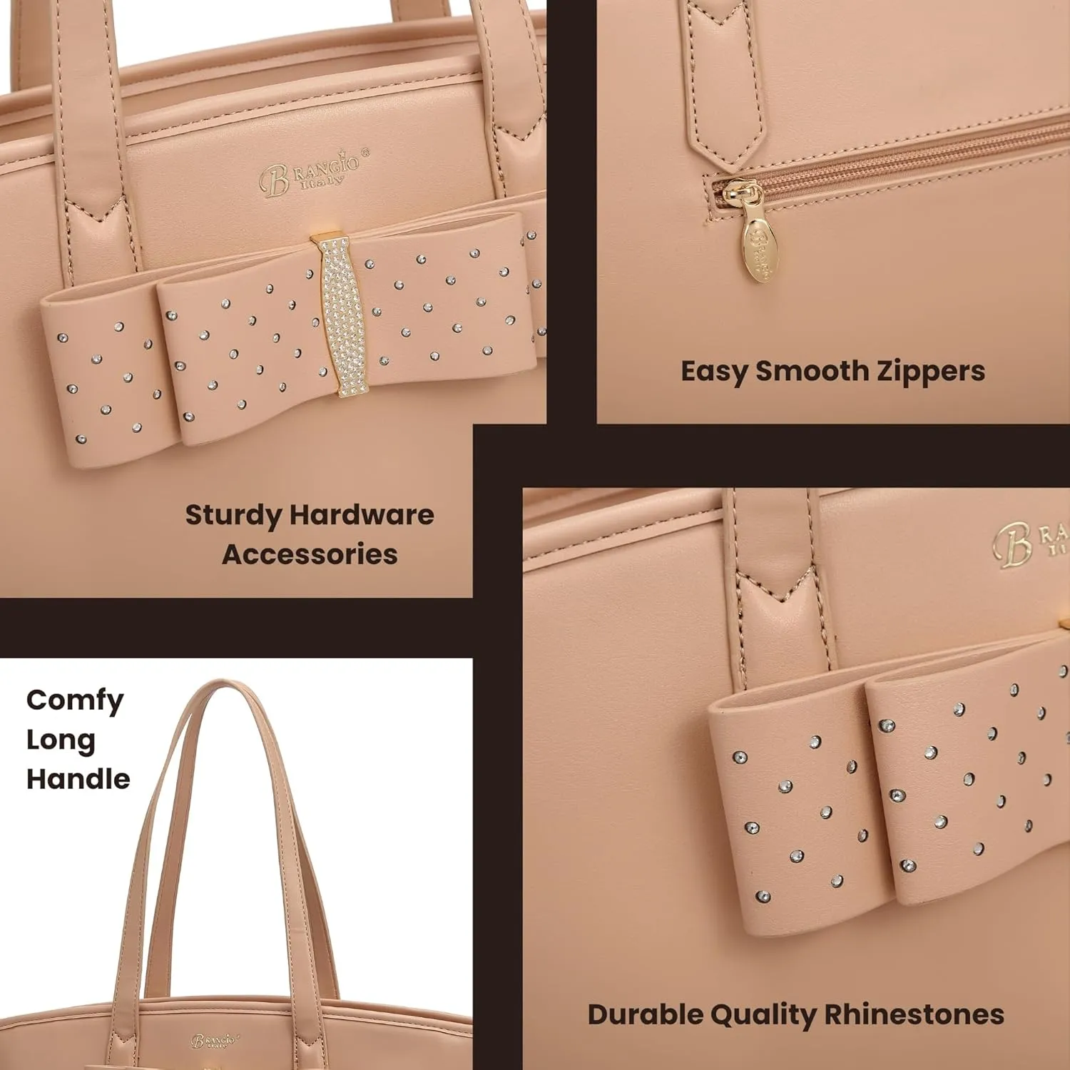 Designer Ribbon Romance Tote Handbag with Rhinestones Bling Top Handle Satchel and Wallet Set for Women with Shoulder Strap
