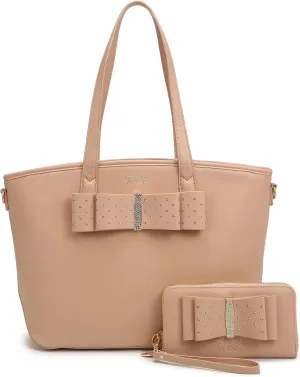Designer Ribbon Romance Tote Handbag with Rhinestones Bling Top Handle Satchel and Wallet Set for Women with Shoulder Strap