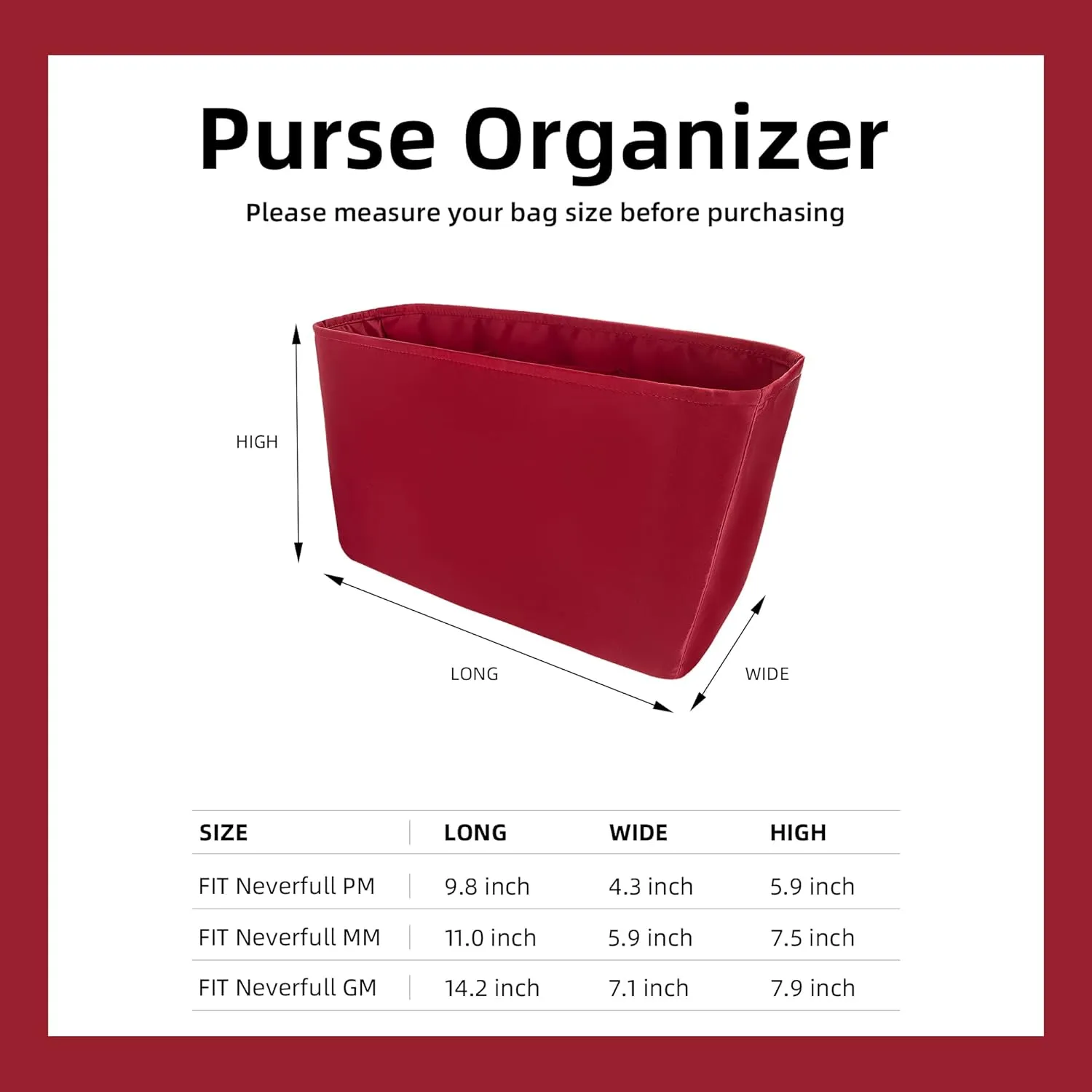 DGAZ Purse Organizer Insert Fits LV Neverfullbag Mini/PM/MM/GM，Silk Bag Organizer，Luxury Handbag & Tote Shaper（MM）
