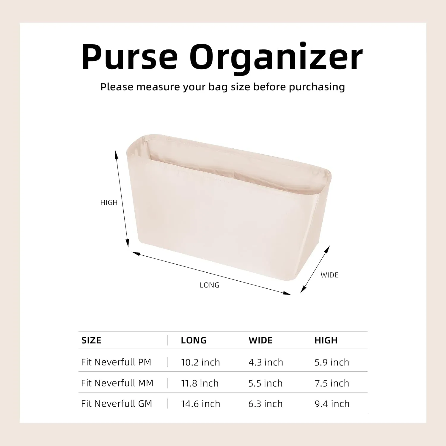 DGAZ Purse Organizer Insert Fits Neverfull-Mini/PM/MM/GM Bags，Silk Bag Organizer，Luxury Handbag & Tote Shaper（GM, Craie）