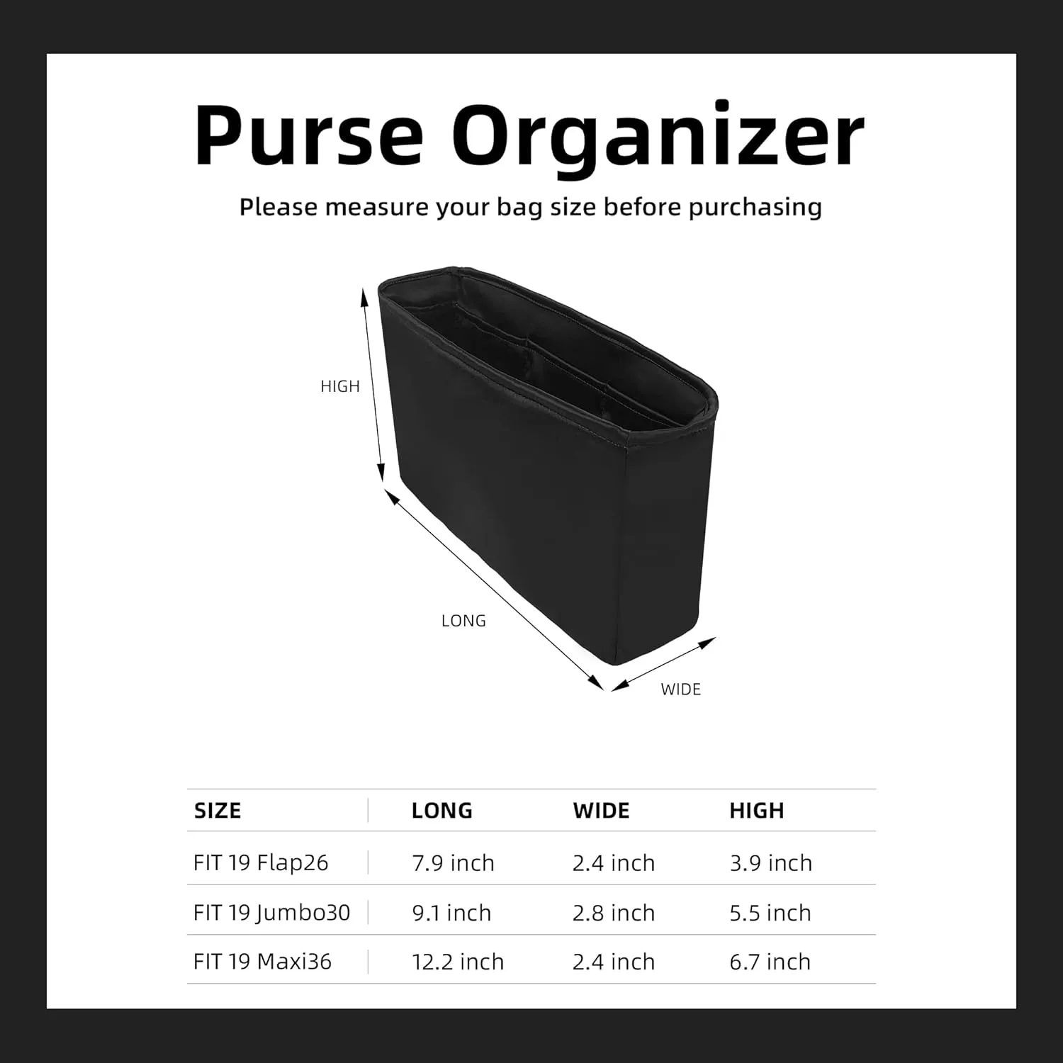 DGAZ Purse Organizer Insert For Chanel 19 Bags，Silk Bag Organizer，Luxury Handbag & Tote Shaper （Black，19-Flap26）
