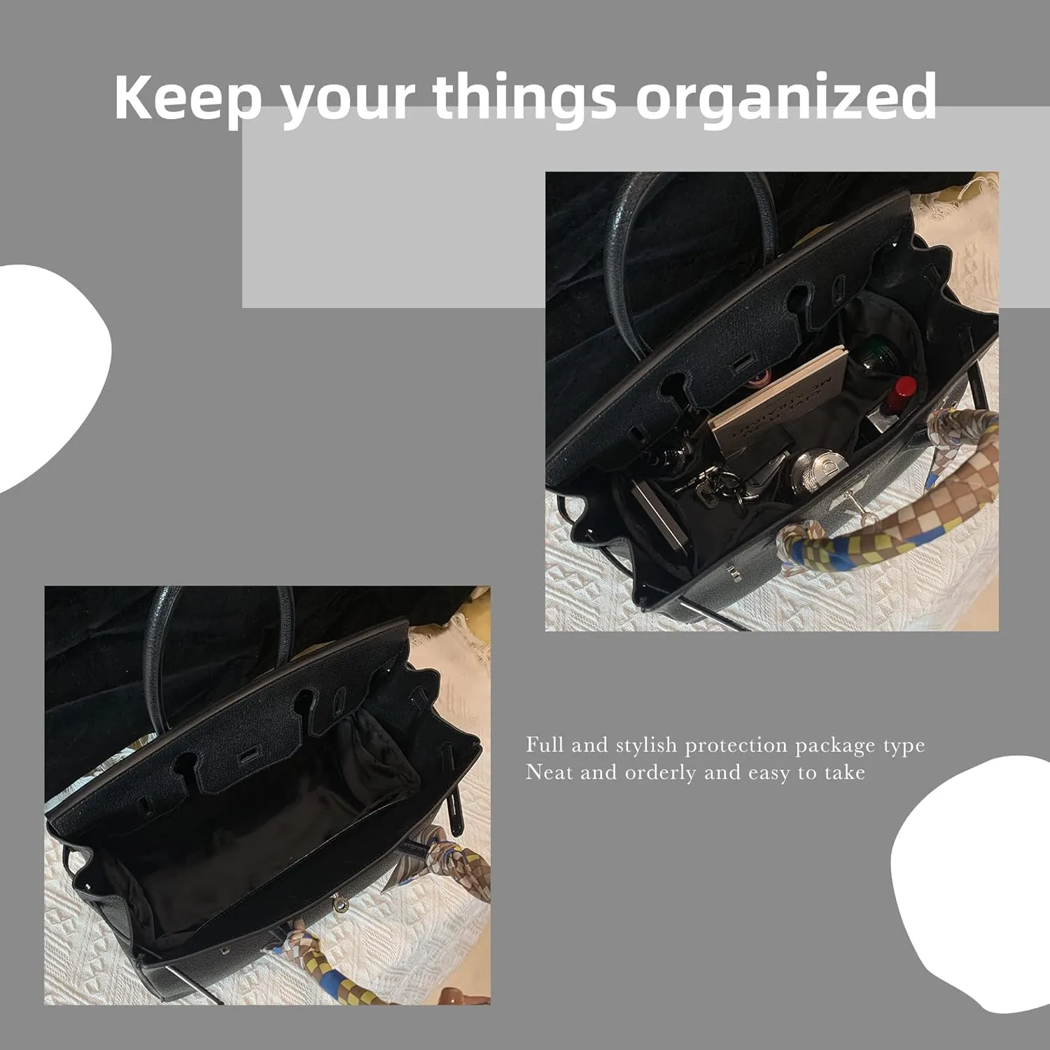 DGAZ Purse Organizer Silky Smooth,Silk,Luxury Handbag Tote in Bag Shapers, Women- Fits Birkin25/30/35/40 Bags (Black, BK35)