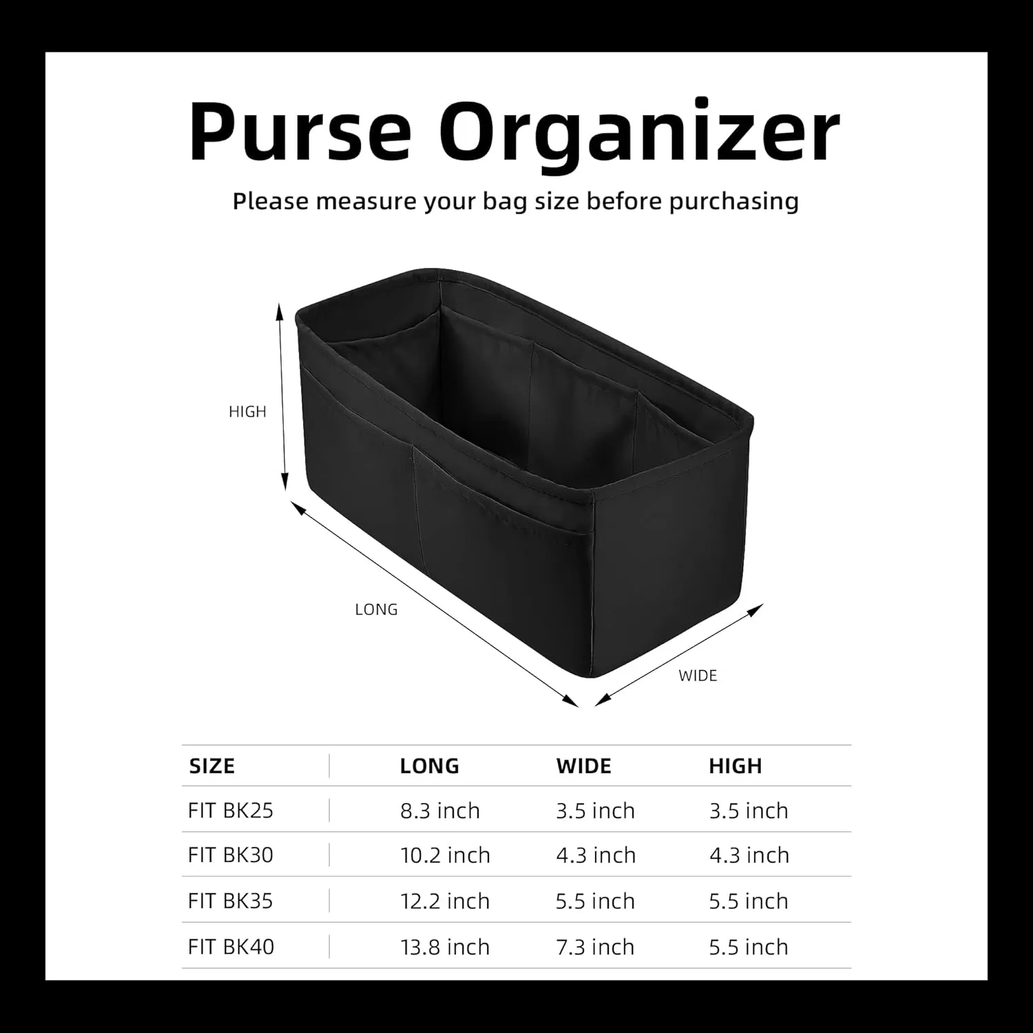 DGAZ Purse Organizer Silky Smooth,Silk,Luxury Handbag Tote in Bag Shapers, Women- Fits Birkin25/30/35/40 Bags (Black, BK35)