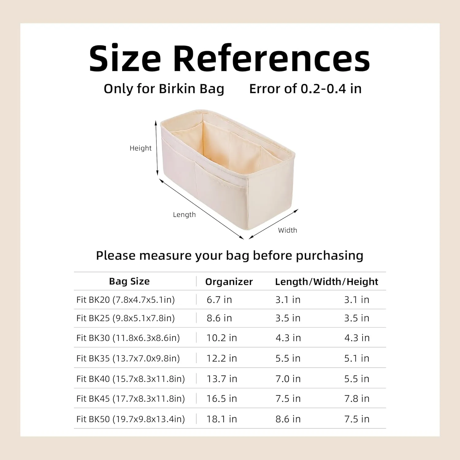 DGAZ Purse Organizer Silky Smooth,Silk,Luxury Handbag Tote in Bag Shapers, Women- Fits Birkin25/30/35/40 Bags (Craie, BK25)