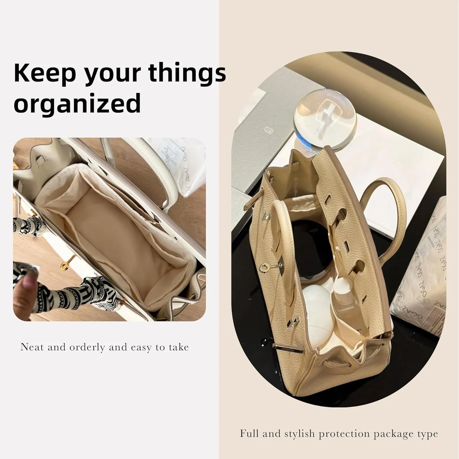DGAZ Purse Organizer Silky Smooth,Silk,Luxury Handbag Tote in Bag Shapers, Women- Fits Birkin25/30/35/40 Bags (Craie, BK25)