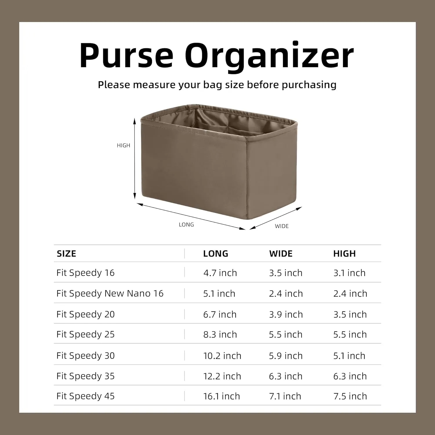 DGAZ Silk Purse Organizer Insert Fits LV Speedy 16/20/25/30/35/45 bags，Silky Smooth Bag Organizer，Luxury Handbag & Tote Shaper（Etoupe grey，SP16）