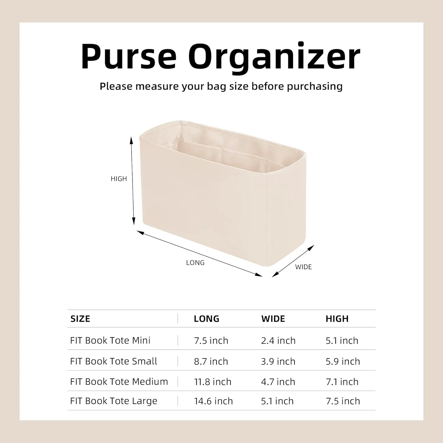 DGAZ Silk Purse Organizer Insert For Dior Book Tote mini/S/M/L，Silky Smooth Bag Organizer，Luxury Handbag & Tote Shaper（Craie，BT-S）