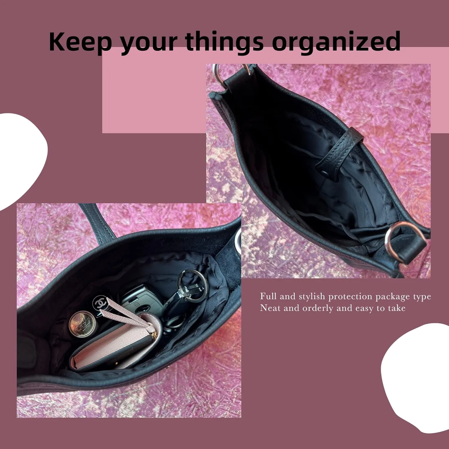 DGAZ Silky Purse Organizer Insert Fits Evelyne TPM/PM/GM/TGM Bags, Luxury Handbag & Tote Organizer, Simplicity bag organizer（Black,TPM）