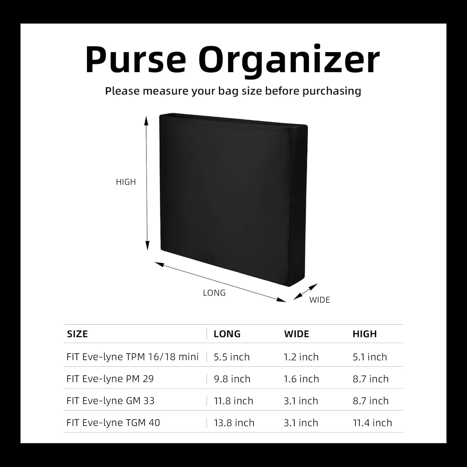 DGAZ Silky Purse Organizer Insert Fits Evelyne TPM/PM/GM/TGM Bags, Luxury Handbag & Tote Organizer, Simplicity bag organizer（Black,TPM）