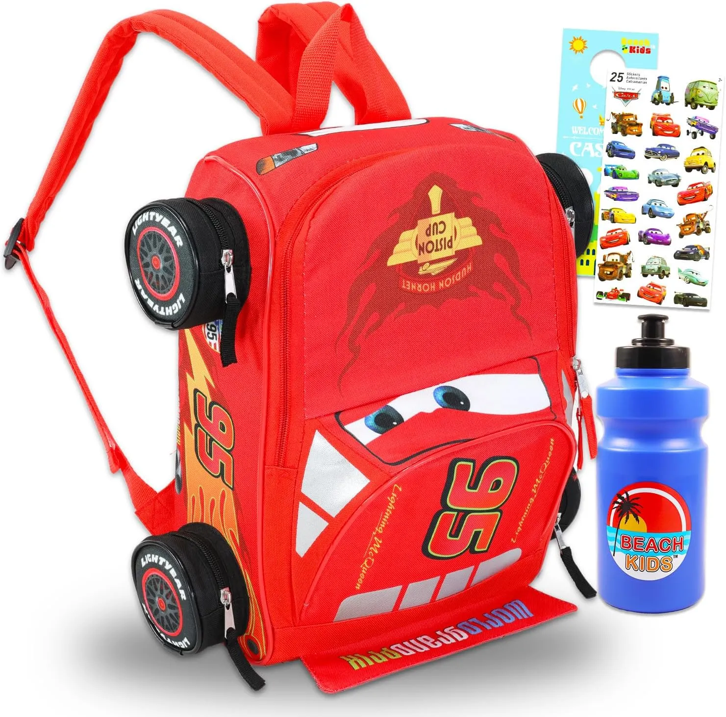 Disney Cars Mini Backpack for Kids - Bundle with 14” Lightning McQueen Backpack with Water Bottle, Stickers, More | 3D Lightning McQueen Travel Bag Set for Girls, Boys