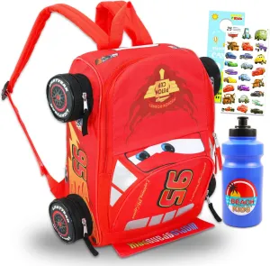 Disney Cars Mini Backpack for Kids - Bundle with 14” Lightning McQueen Backpack with Water Bottle, Stickers, More | 3D Lightning McQueen Travel Bag Set for Girls, Boys