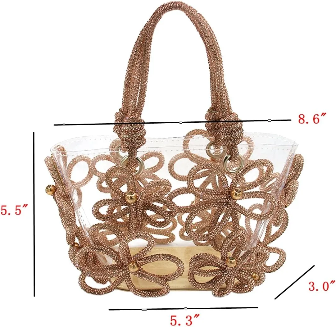 DJBM Women Clear PVC Rhinestone Handbag PVC Tote Bag Crystal Floral Evening Bag Transparent Shoulder Bag for Party Prom