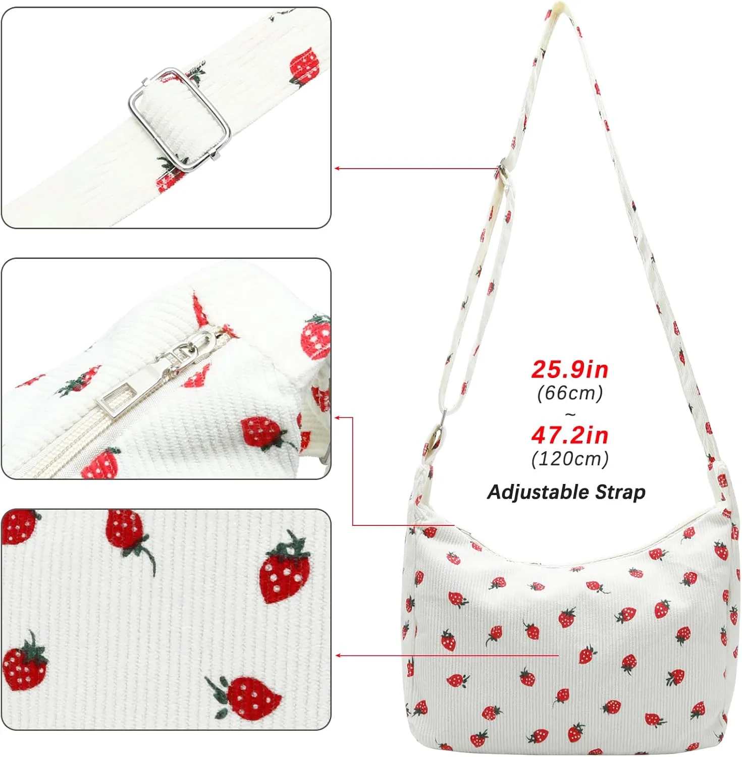 DOB SECHS Cute Hobo Bag for Women Corduroy Canvas Messenger Bag Crossbody Shoulder Purse Handbag Strawberry Printed