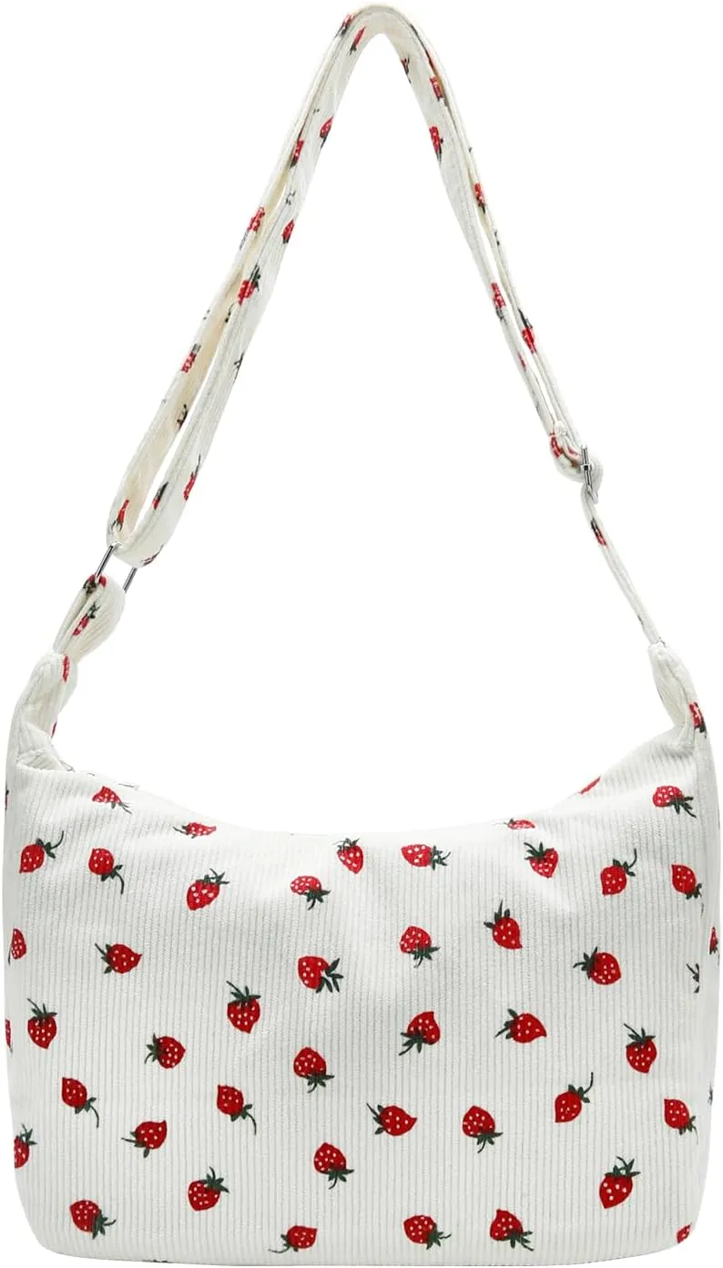 DOB SECHS Cute Hobo Bag for Women Corduroy Canvas Messenger Bag Crossbody Shoulder Purse Handbag Strawberry Printed