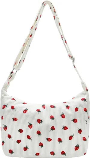 DOB SECHS Cute Hobo Bag for Women Corduroy Canvas Messenger Bag Crossbody Shoulder Purse Handbag Strawberry Printed
