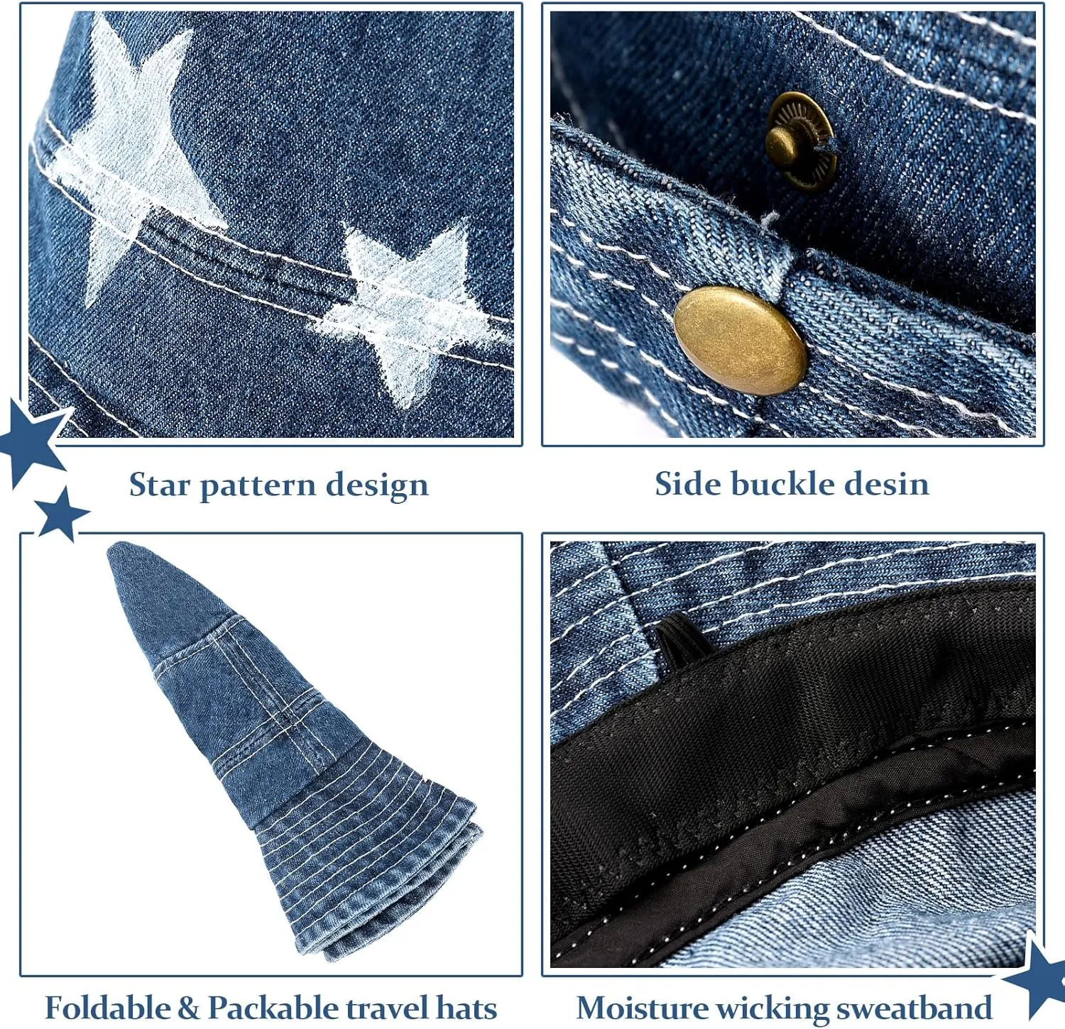 DOCILA Demin Bucket Hats for Women Men Blue Jean Western Fisherman Hats Packable Cowboy Style Outdoor Sun Hats
