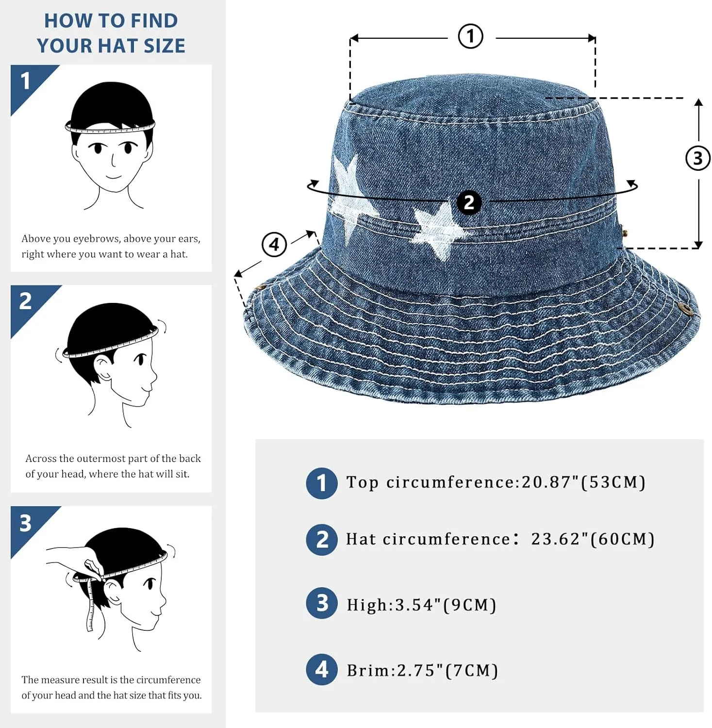 DOCILA Demin Bucket Hats for Women Men Blue Jean Western Fisherman Hats Packable Cowboy Style Outdoor Sun Hats