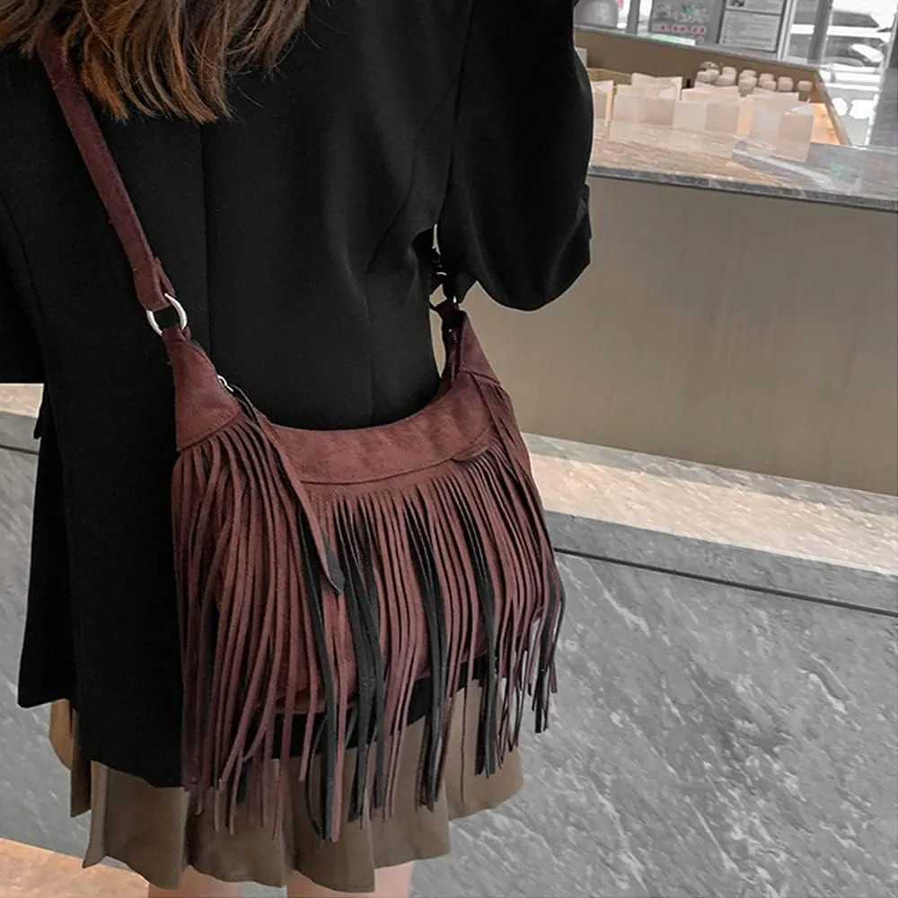 Downupdown Fringe Crossbody Bag for Women Vintage Suede Hobo Purse Handbags Shoulder Bag Bohemian Messenger Bags Zip Satchel