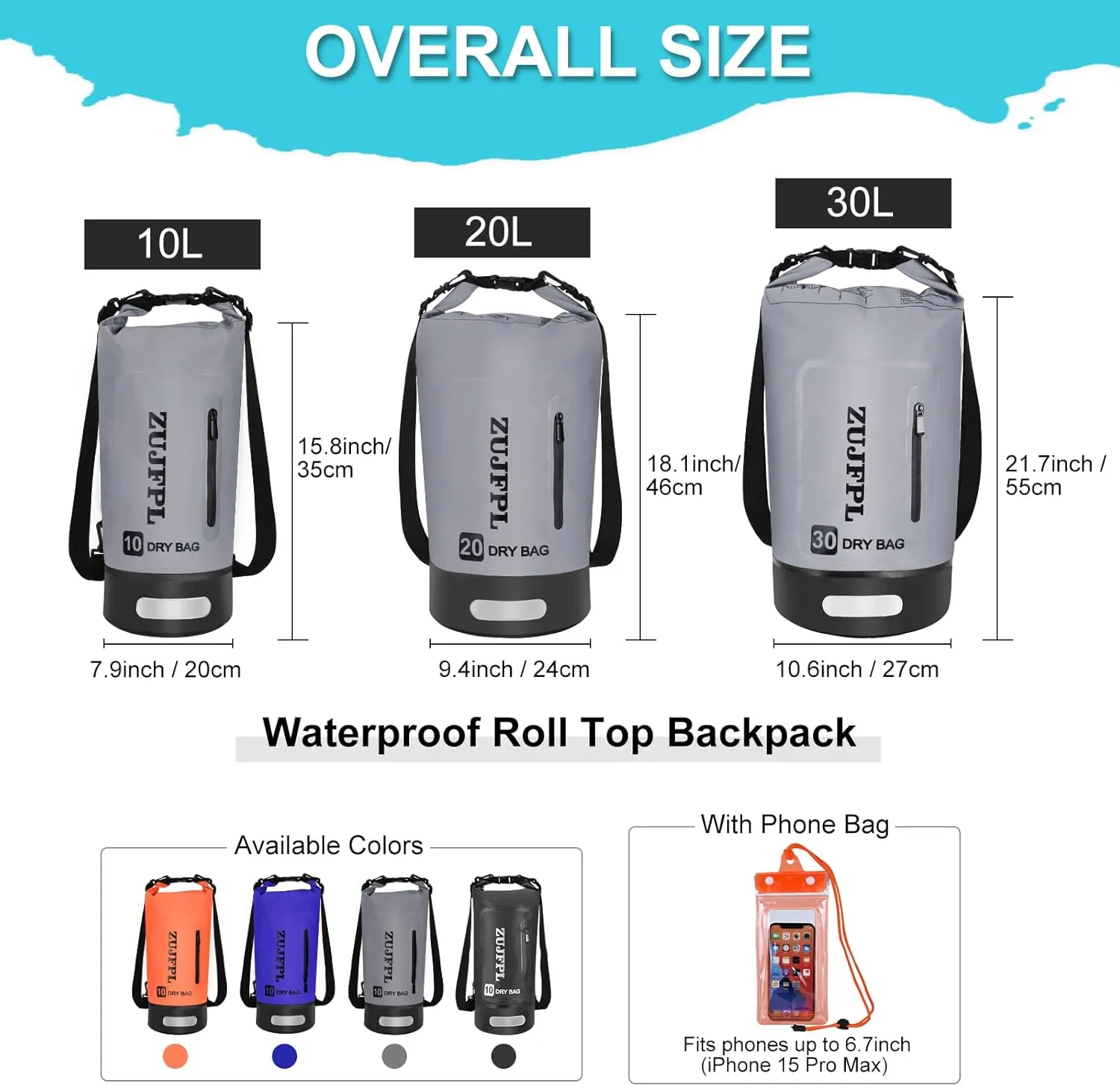 Dry Bag Waterproof Floating Backpack 10L/20L/30L,Waterproof Bag for Women Men,Roll Top Dry Compression Sack Keeps Gear Dry for Boating, Kayaking, Surfing, Rafting and Fishing (Grey, 10L)