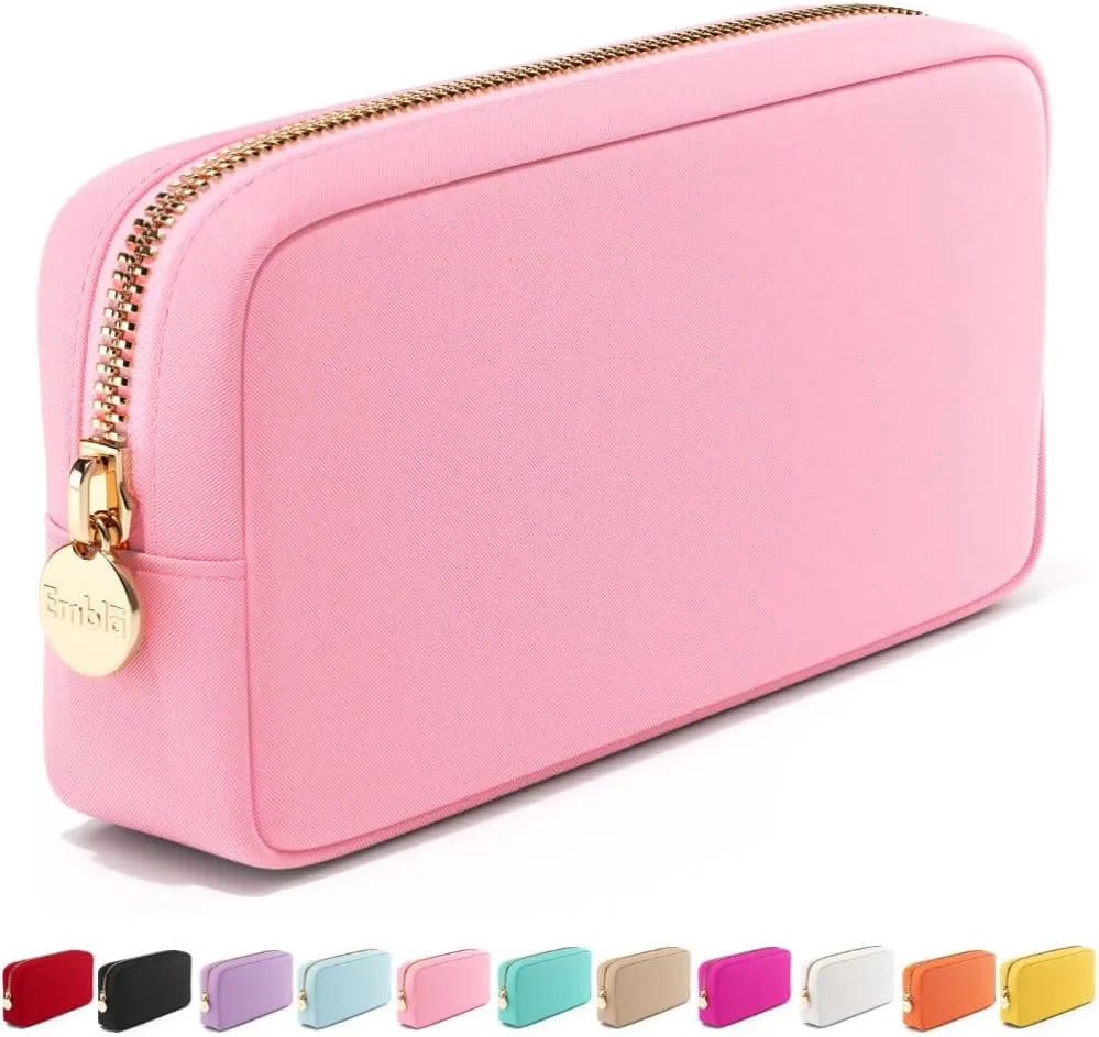 Embla Makeup Bag Travel Cosmetics Pouch and Toiletry Bag, Nylon Zipper Pouch Purse, Cute Make Up Organizer Storage Tote for Women Girls, Travel Skincare Case, Small Makeup Bags, Flamingo Pink