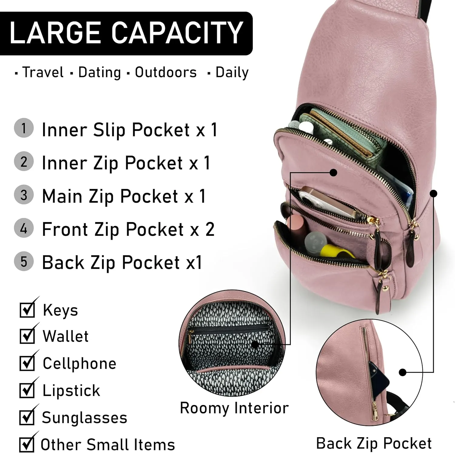 Emperia Small Sling Bag Fanny Packs Crossbody Bags Travel Backpack Chest Bag Gifts for Women Men Mauve