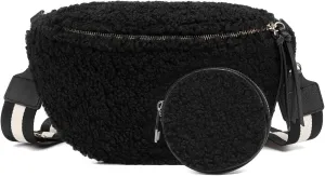 ER.Roulour Small Crossbody Sling Bag for Women Winter Plush Waist Bag Fleece Belt Bag Fanny Pack Purse with Adjustable Wide Strap (BLACK)