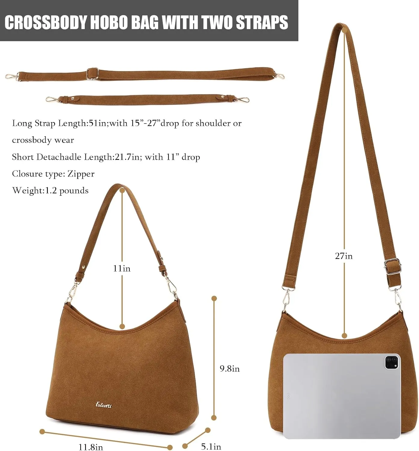 Eslcorri Hobo Bag for Women, PU Leather Crossbody Purse Travel Shoulder Satchel Bags Ladies Tote Handbags with 2 Straps