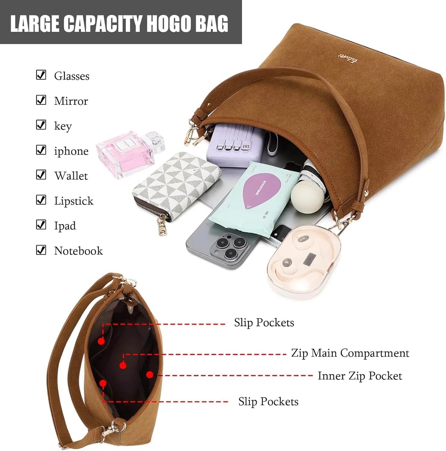 Eslcorri Hobo Bag for Women, PU Leather Crossbody Purse Travel Shoulder Satchel Bags Ladies Tote Handbags with 2 Straps