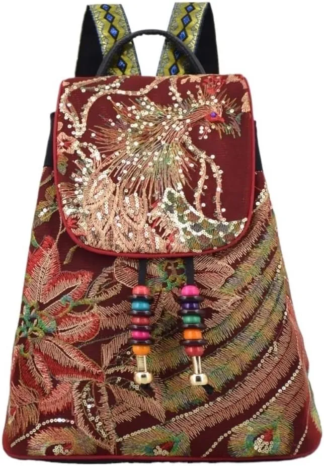 Ethnic Embroidered Canvas Travel Backpack For Elderly Students Stylish Bucket Bag For Daily Use(Burgundy)