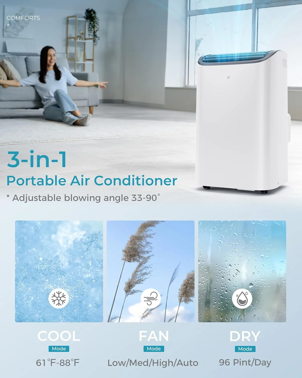 EUHOMY Portable Air Conditioners 14,000 Btu for Room up 700 Sq.Ft, 4 in 1 Modes Portable AC with Cool, Dehumidifier, Fan, Sleep Modes, Stand up AC Unit with 46dB Low Noise & 24H Timer, Auto Swing
