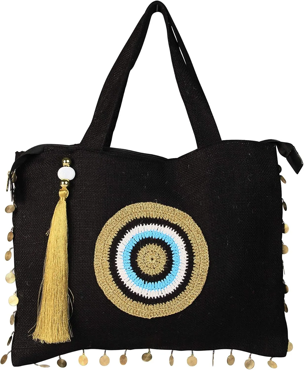 Evil Eye Jute Beach Bags and Totes Eco-Friendly Sustainable Black Gold Eye Tote Bag for Women Zipper Top with Crystals and Tassels Water Resistant with Wipeable Inner Lining, Large