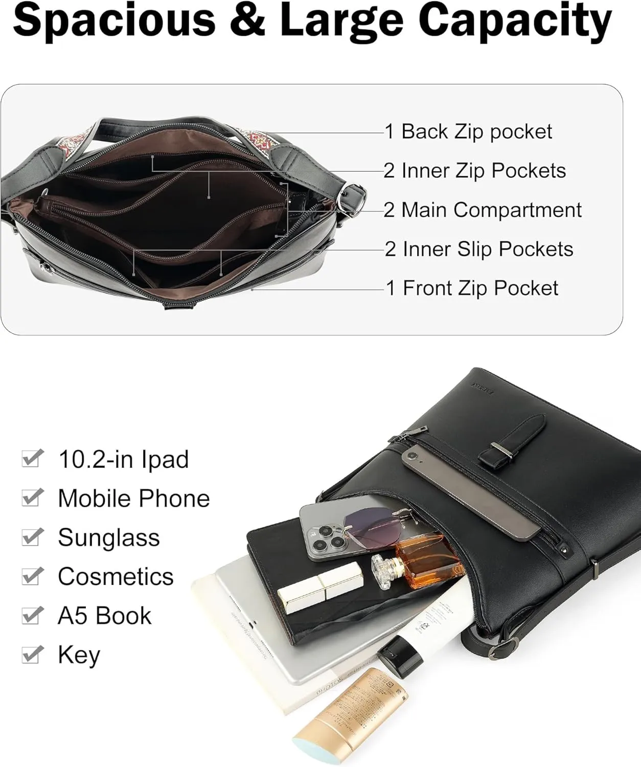 FADEON Hobo Bags Purse for Women Vegan Leather Crossbody Bag Designer Ladies Shoulder Cross Body Handbag Wide Straps