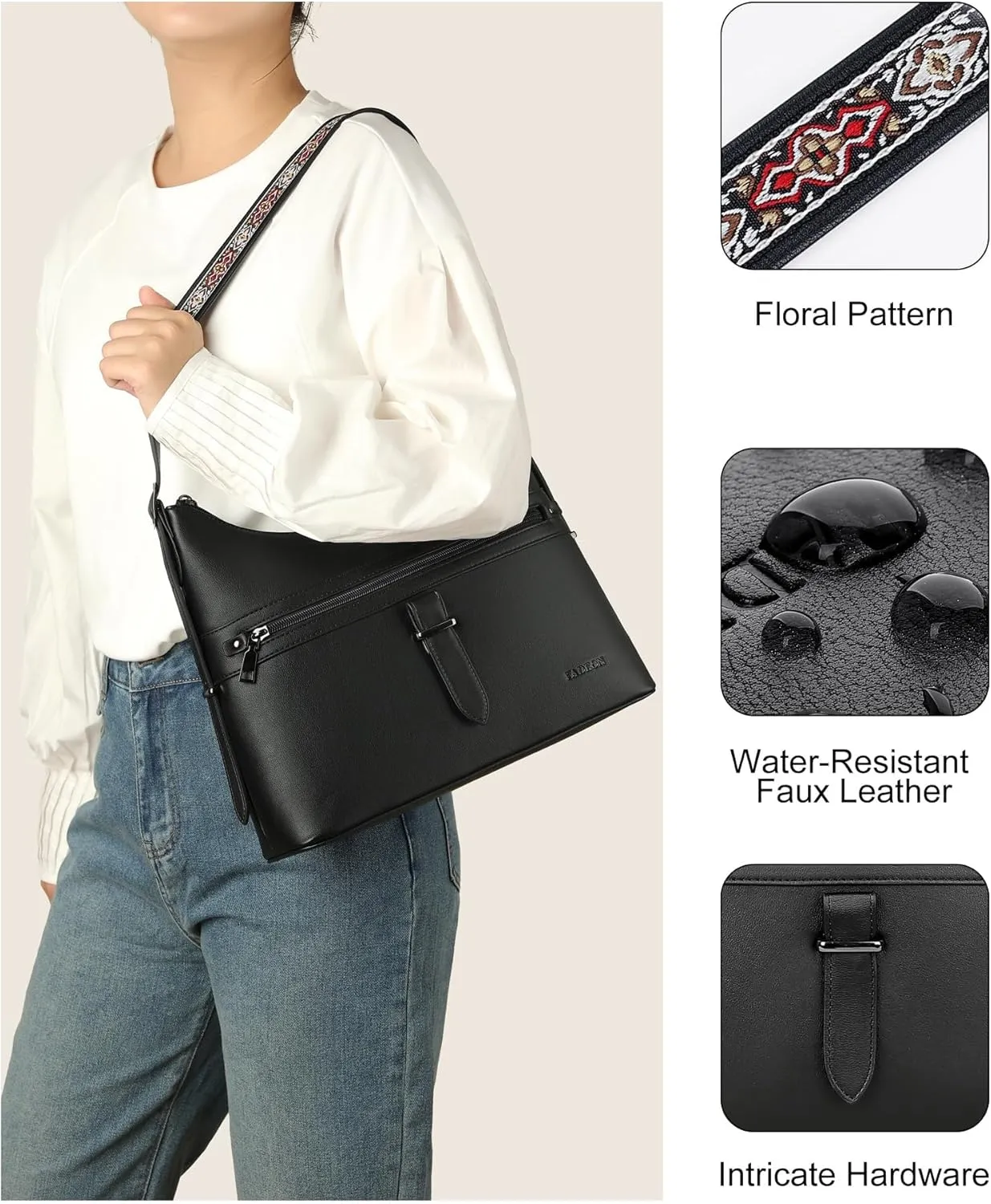 FADEON Hobo Bags Purse for Women Vegan Leather Crossbody Bag Designer Ladies Shoulder Cross Body Handbag Wide Straps