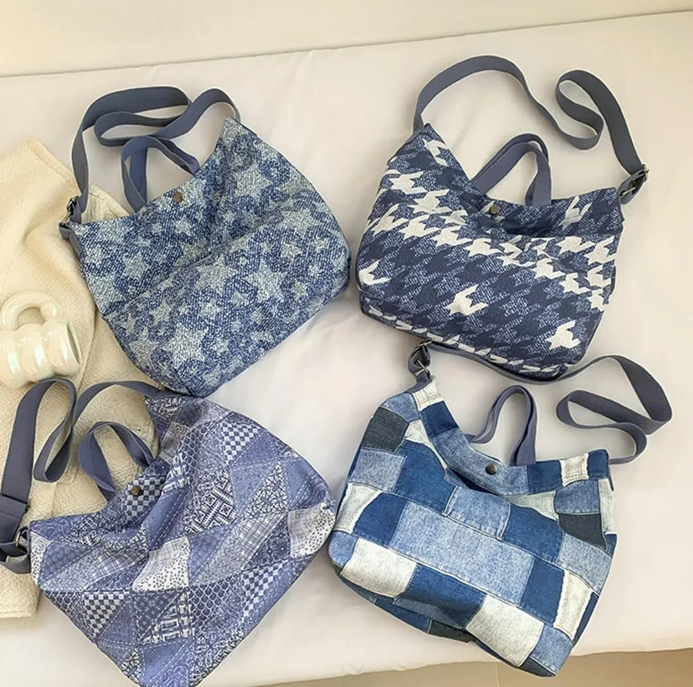 Fashion Denim Shoulder Bags for Women Casual Canvas Crossbody Purse Large Handbag Checkered Work Travel Tote Bag