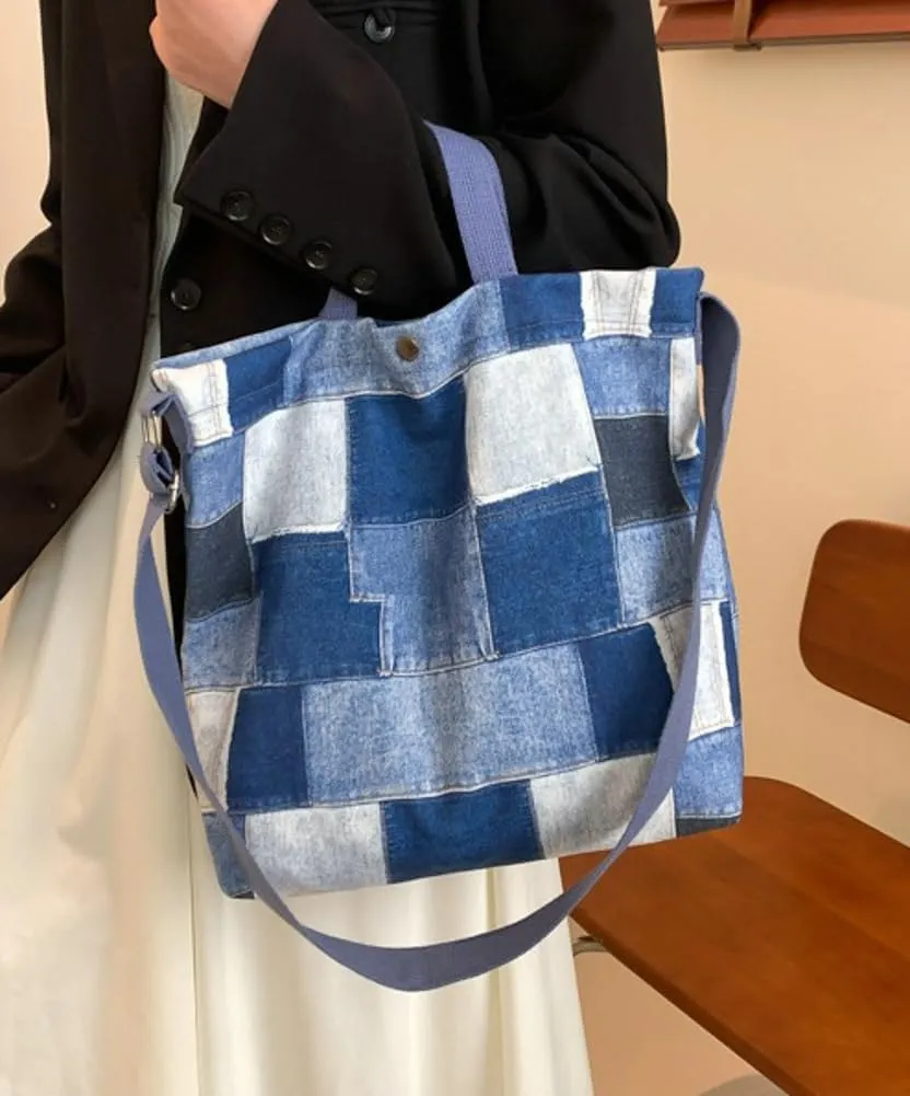 Fashion Denim Shoulder Bags for Women Casual Canvas Crossbody Purse Large Handbag Checkered Work Travel Tote Bag