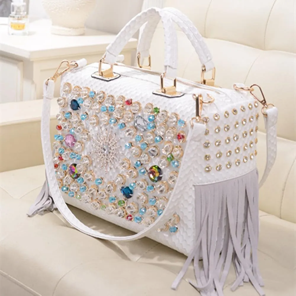 Fashion Rhinestone Bag for Women Leather Top-Handle Satchel Handabgs Large Capacity Tassel Tote Bag Shoulder Messenger Bags