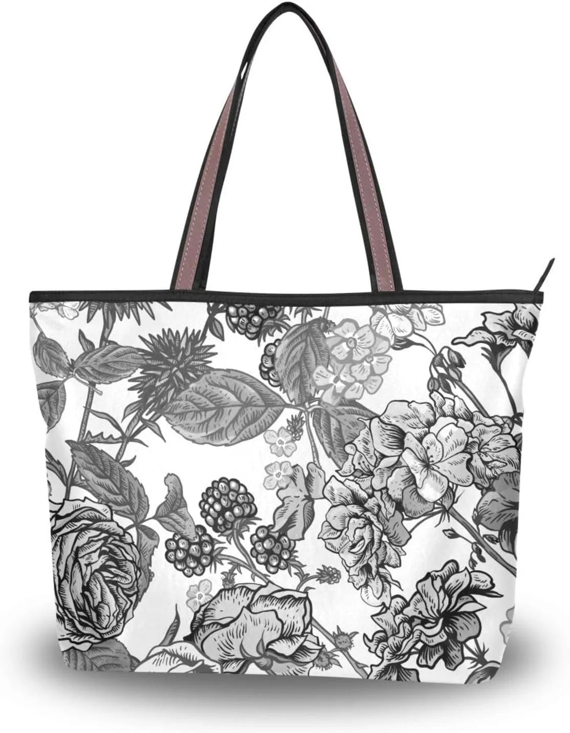 Fashion Tote Bag for Women Shoulder Handbags Top Handle Satchel Bags with Zipper Black and White Flower Pattern 1 （L）