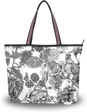 Fashion Tote Bag for Women Shoulder Handbags Top Handle Satchel Bags with Zipper Black and White Flower Pattern 1 （L）