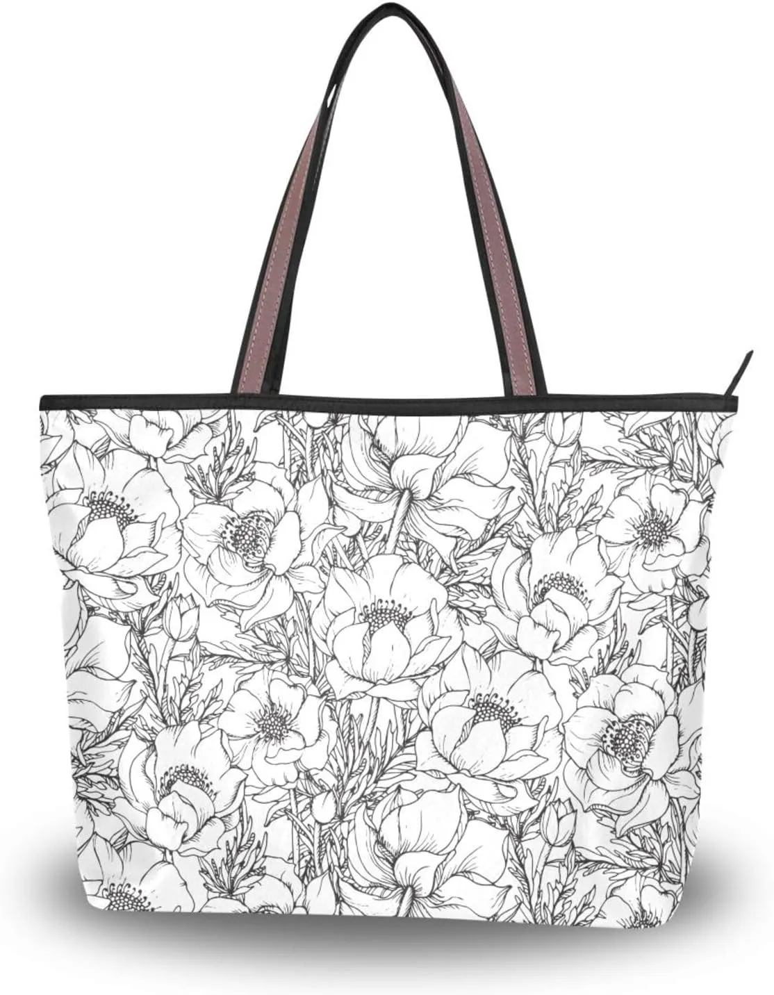 Fashion Tote Bag for Women Shoulder Handbags Top Handle Satchel Bags with Zipper Black and White Flower Pattern 1 （L）